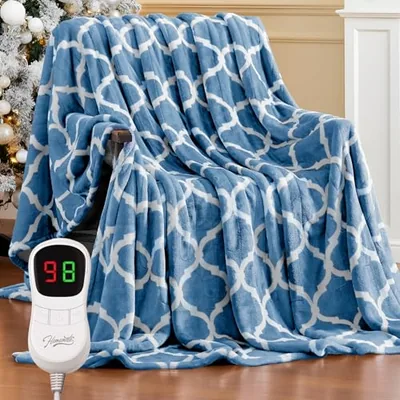 Heated throw 50″×60″, double-sided flannel, Blue Geometry