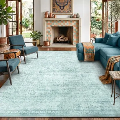 Washable area rug, faux wool low pile, Light Teal