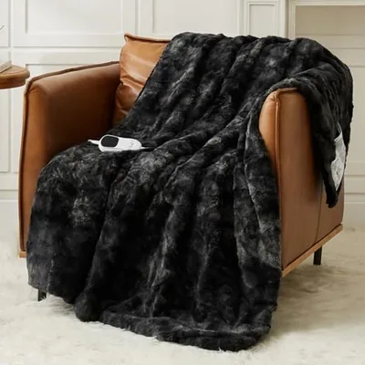 Heated throw 50″×60″, faux fur and sherpa, Black