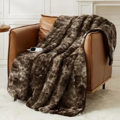 Heated throw 50″×60″, faux fur and sherpa, Chocolate Brown