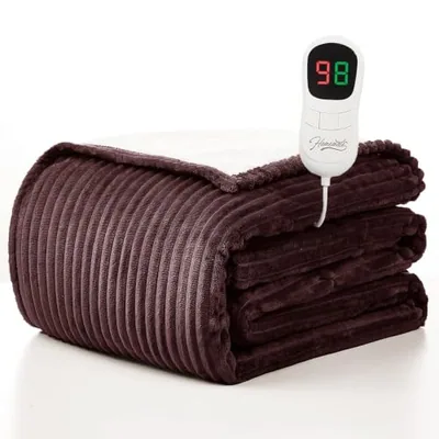 Heated throw 50″×60″, flannel and sherpa, Chestnut(striped)