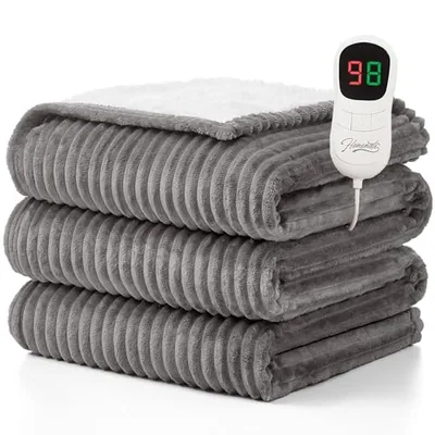 Heated throw 50″×60″, flannel and sherpa, Light Grey (Striped)