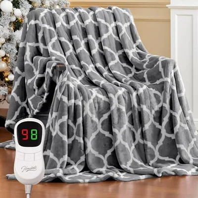 Heated throw 50″×60″, double-sided flannel, Grey Geometry