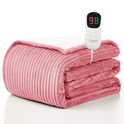 Heated throw 50″×60″, flannel and sherpa, Rose (Striped)