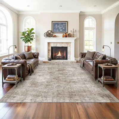 Washable area rug, faux wool low pile, Brown